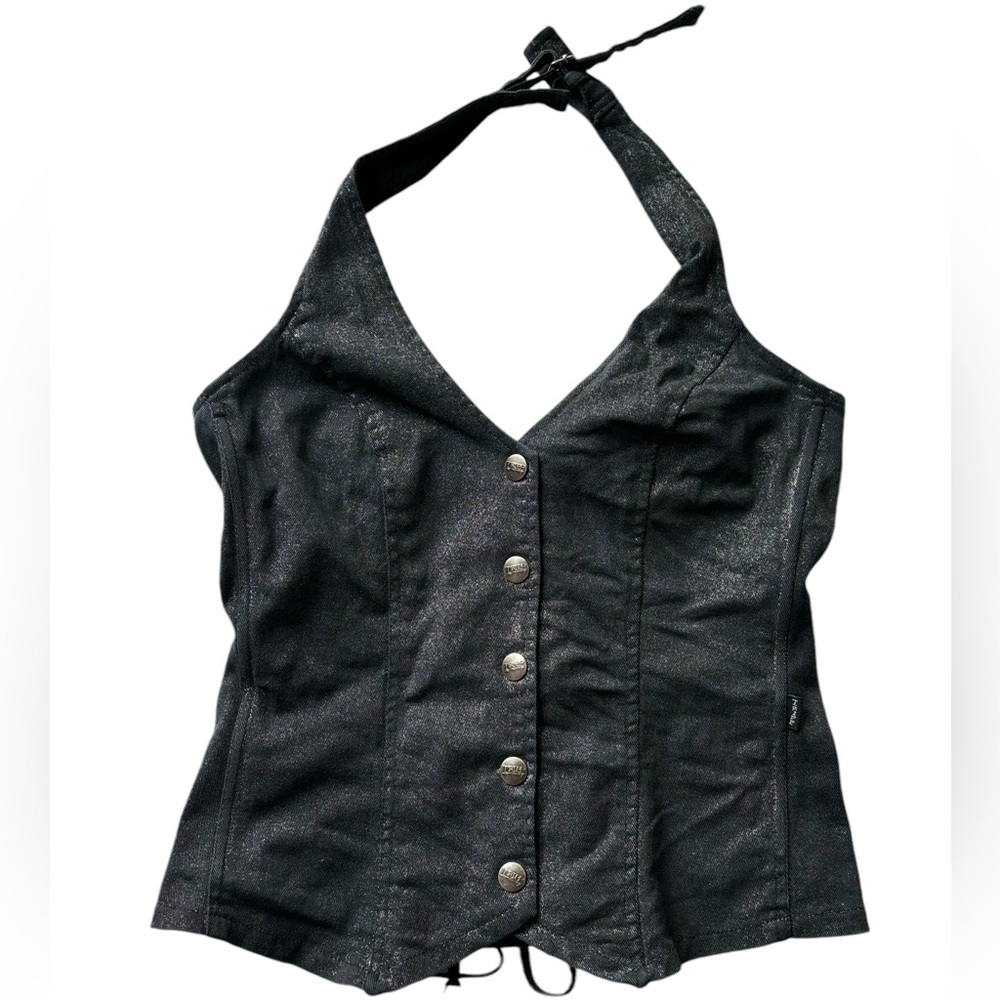 Tripp NYC Black Halter Button-Front Bustier Top